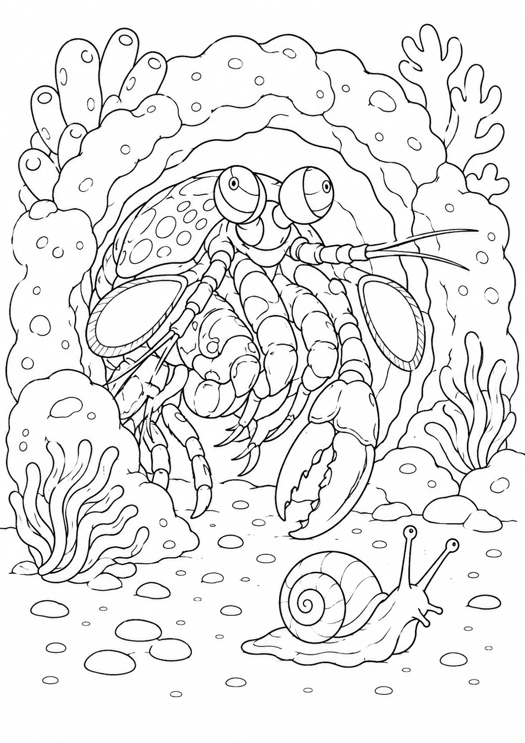 Ausmalbild: Bunter Mantisshrimp in Jagdstellung – mit Stielaugen und schillernden Farben
