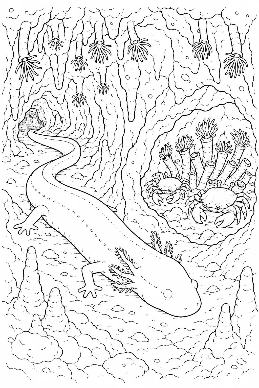 Ausmalbild: Weißer Tiefsee-Salamander tastet sich durch ein dunkles Unterwasser-Höhlensystem