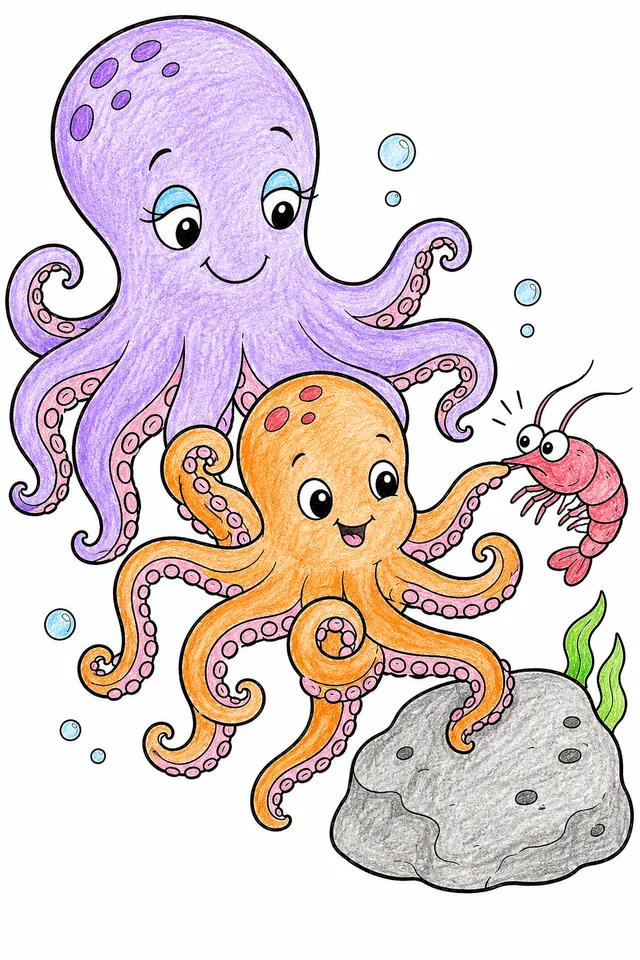 Ausmalbild: Winziges Oktopus-Baby mit acht Armen in alle Richtungen gleichzeitig, begeistert und verwirrt