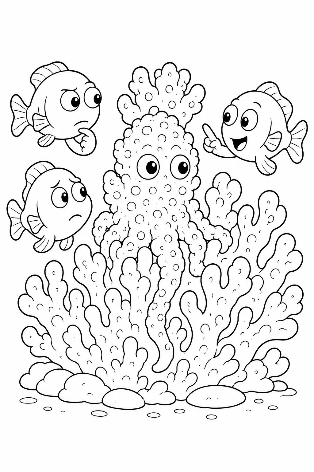 Ausmalbild: Kleines Oktopus-Kind tarnt sich schlecht als Koralle – drei Fische beobachten skeptisch