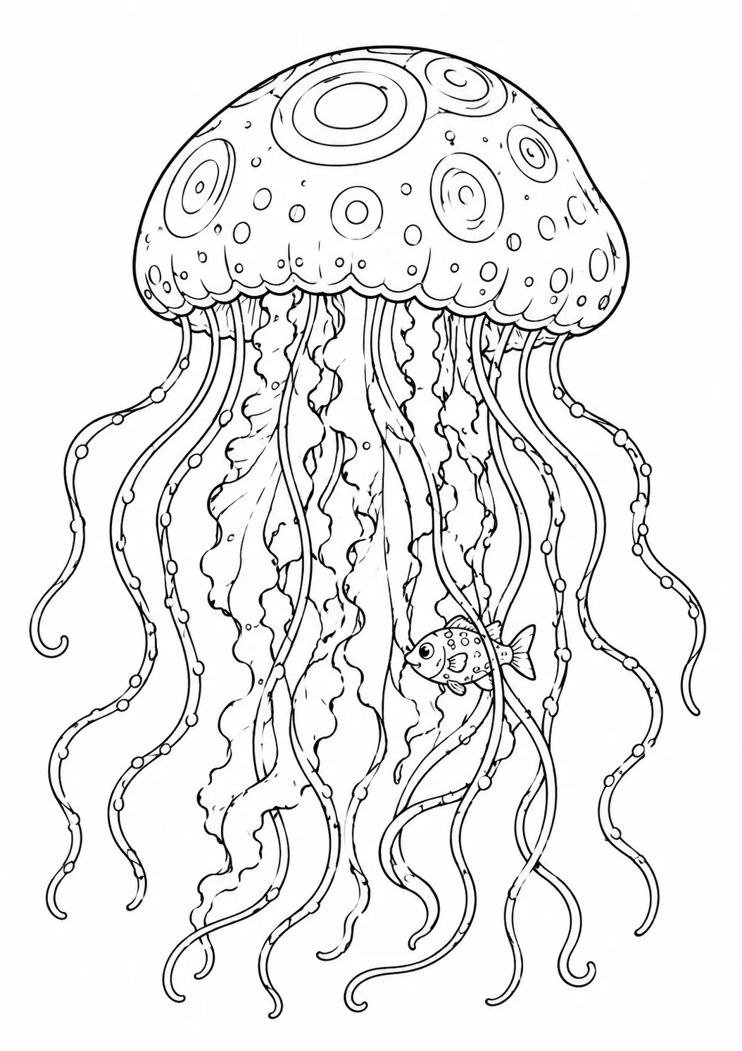 涂色页：有长触须的生物发光深海水母在绝对黑暗中脉冲