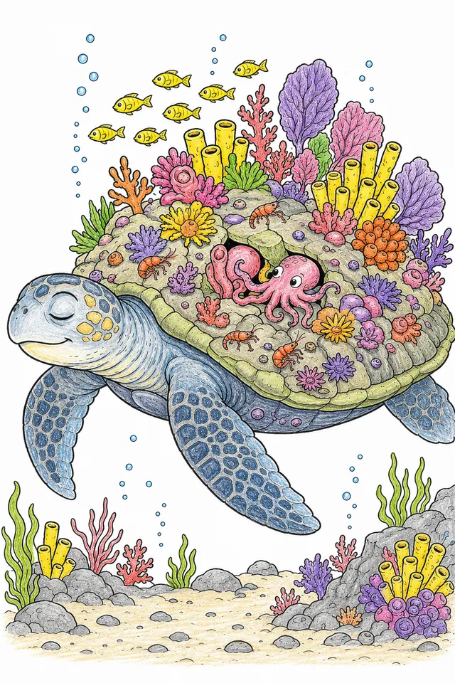 Ausmalbild: Alte Meeresschildkröte mit Korallen, kleinen Fischen und Seeanemonen auf dem Panzer