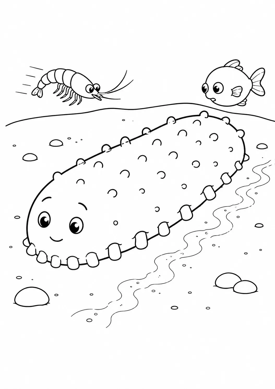 涂色页：从容的深海海参在沙质海底缓慢移动