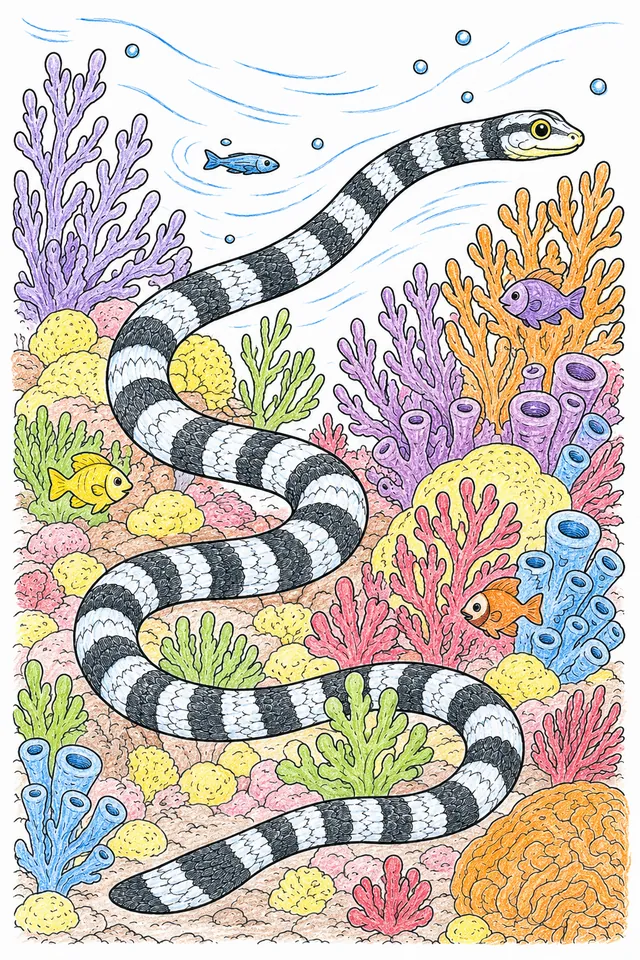 海蛇蜿蜒穿过珊瑚 – 涂色效果预览