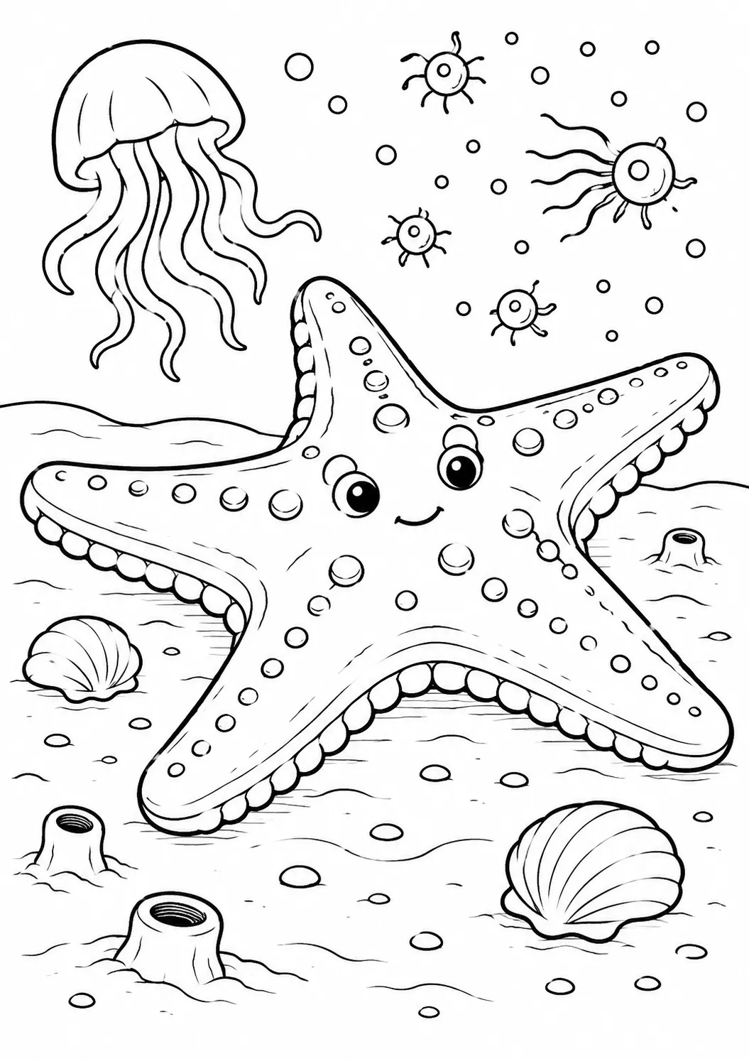 涂色页：灰色海底沉积物上平静有尊严的深海海星