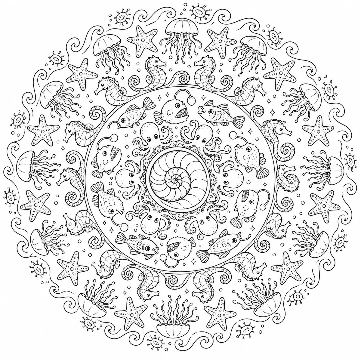 Ausmalbild: Kreisrundes Mandala aus Tiefsee-Tieren in radialer Symmetrie – Nautilus im Zentrum