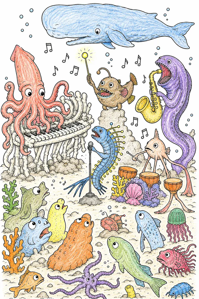 Ausmalbild: Tiefsee-Tierband mit Riesenkalmar, Anglerfisch und Tiefsee-Tieren beim Musikspielen