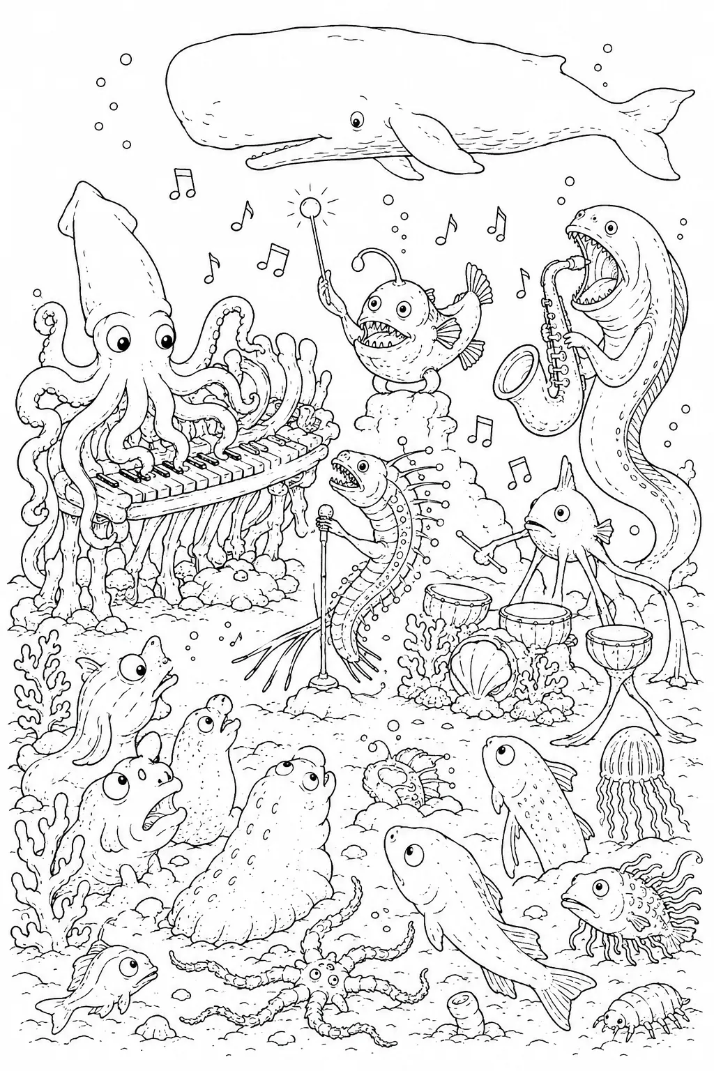 Ausmalbild: Tiefsee-Tierband mit Riesenkalmar, Anglerfisch und Tiefsee-Tieren beim Musikspielen