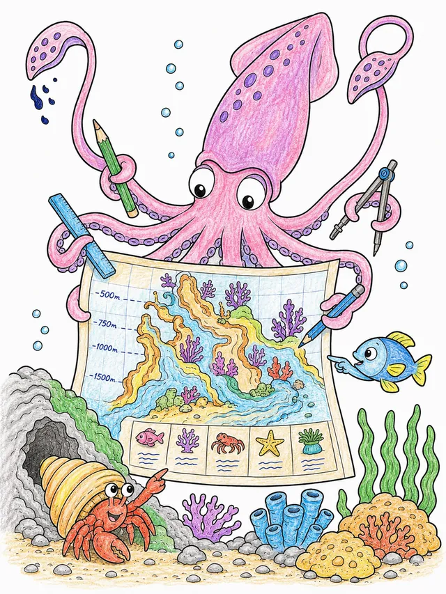 涂色页：带有绘图工具的鱿鱼在其他海洋生物帮助下绘制深海礁石地图