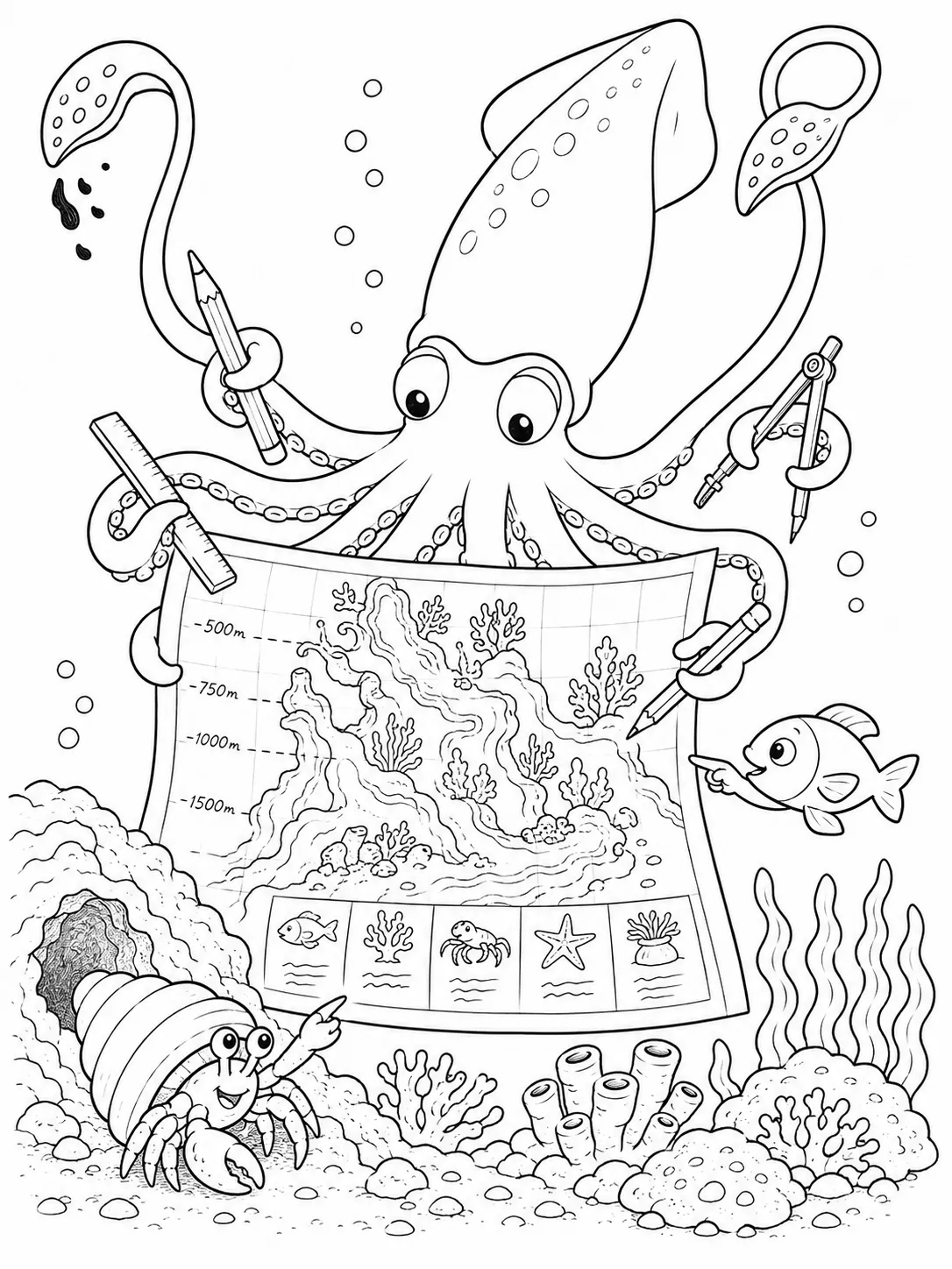 涂色页：带有绘图工具的鱿鱼在其他海洋生物帮助下绘制深海礁石地图