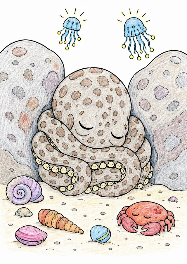 深海章鱼在岩石间睡觉 – 涂色效果预览