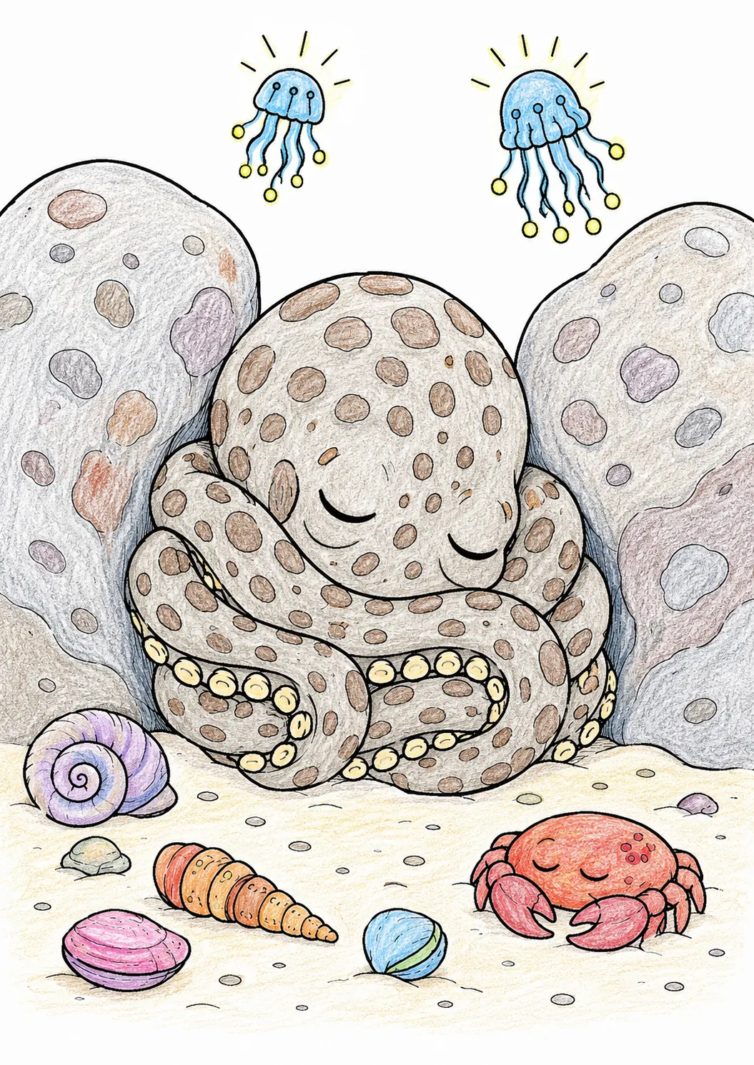 深海章鱼在岩石间睡觉
