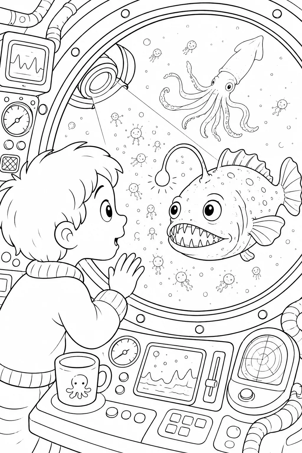 Ausmalbild: Kind am U-Boot-Bullauge und Anglerfisch draußen – beide schauen sich fasziniert an
