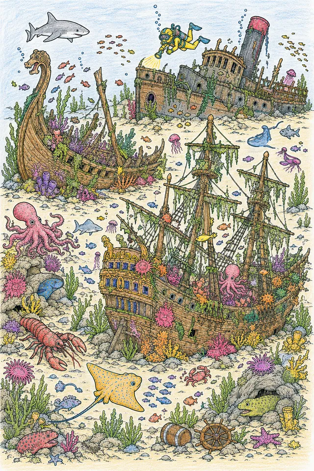 Ausmalbild: Meeresgrund mit drei Schiffswracks aus verschiedenen Epochen, bewohnt von zahlreichen Meerestieren