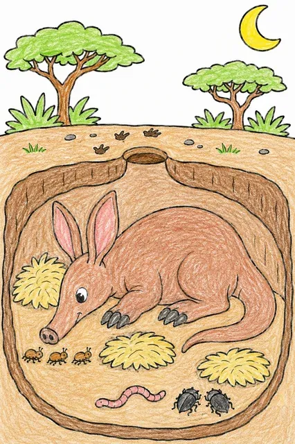 Querschnitt einer Erdhöhle mit Erdferkel, Termiten und Akazienbüschen über dem Boden