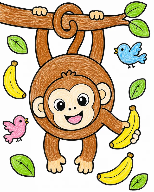 Kleiner runder Affe hängt kopfüber an einem Ast mit einer Banane