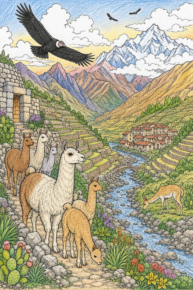涂色页：有飞翔神鹰和梯田羊驼的安第斯山全景