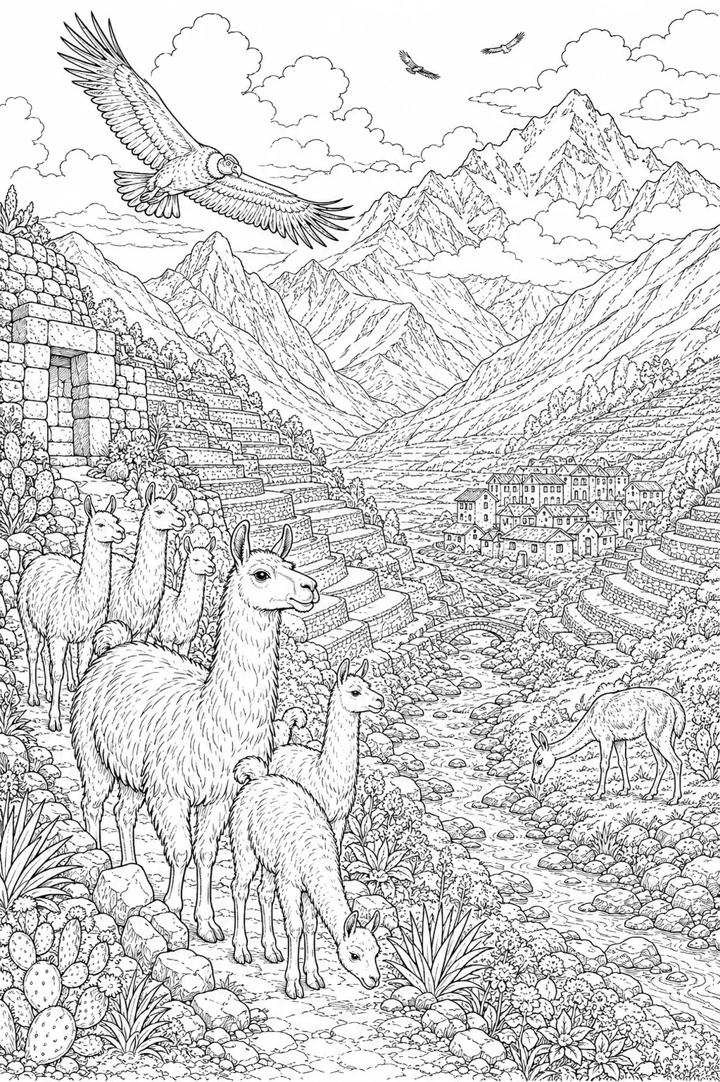 Ausmalbild: Andenpanorama mit fliegenden Kondoren und Lamas auf Terrassen