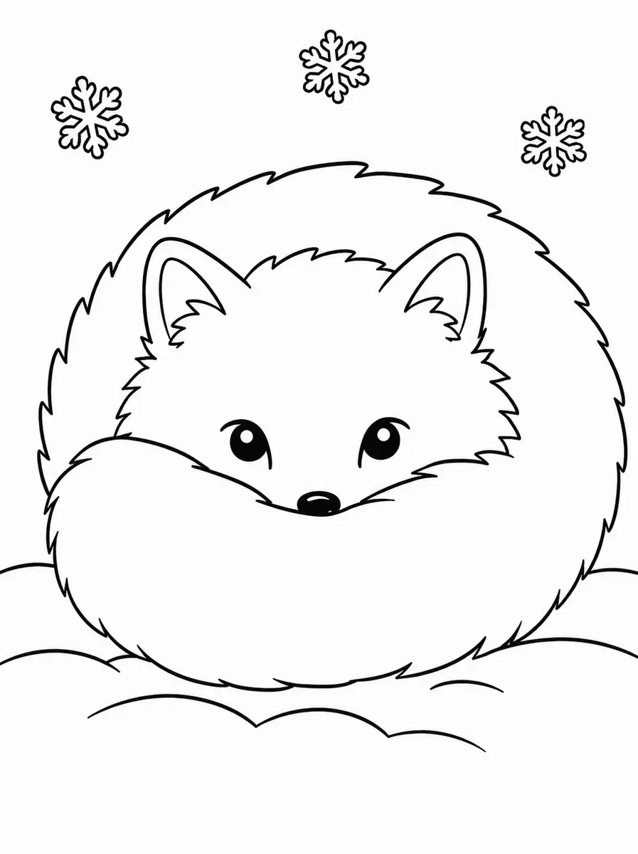 Ausmalbild: Weißer Arktisfuchs zusammengerollt im Schnee