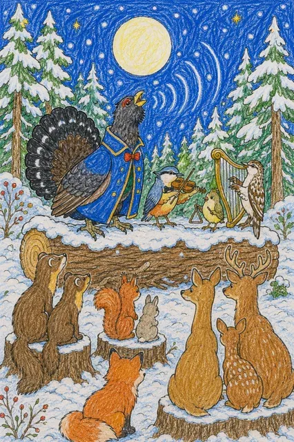 Ausmalbild: Auerhahn-Konzert auf Baumstamm im Winterwald unter Vollmond mit Waldvogel-Ensemble