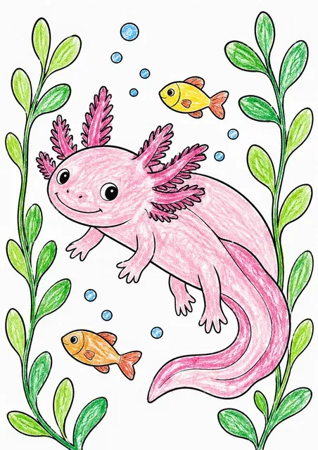 Ausmalbild eines Axolotls mit fedrigen Kiemen der durch Wasserpflanzen schwimmt