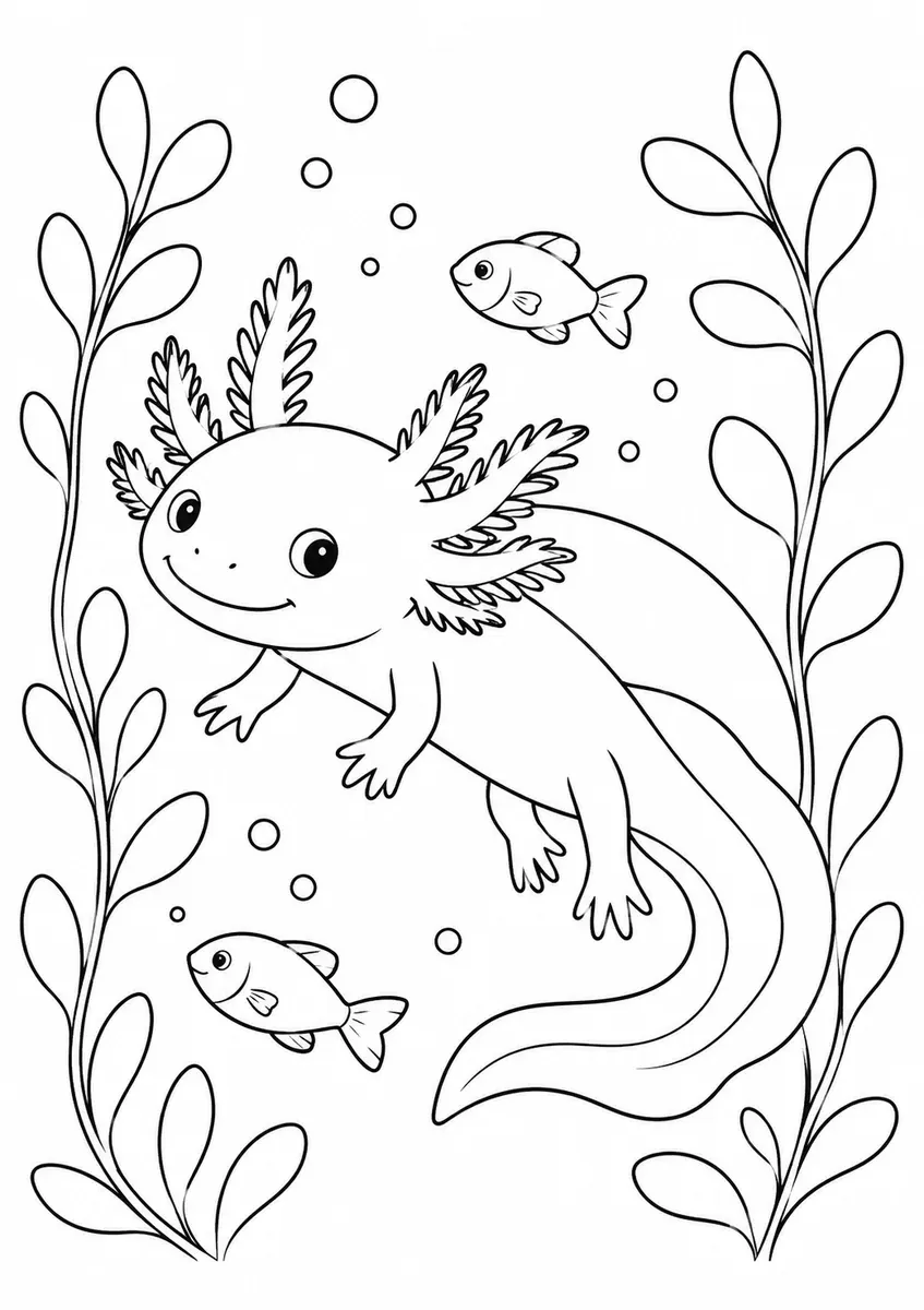 Ausmalbild eines Axolotls mit fedrigen Kiemen der durch Wasserpflanzen schwimmt