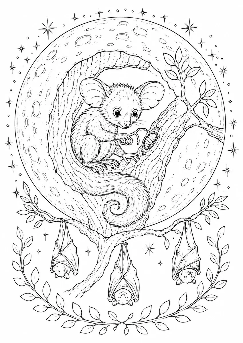 Aye-Aye in einer Astnische vor einer riesigen Mondscheibe mit Flughunden