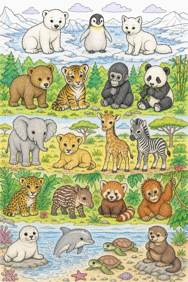 涂色页：所有大洲20只幼年动物全景