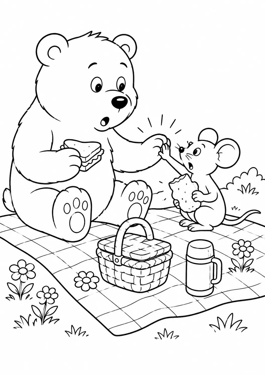 Ausmalbild eines riesigen Bären und einer winzigen Maus die gemeinsam picknicken