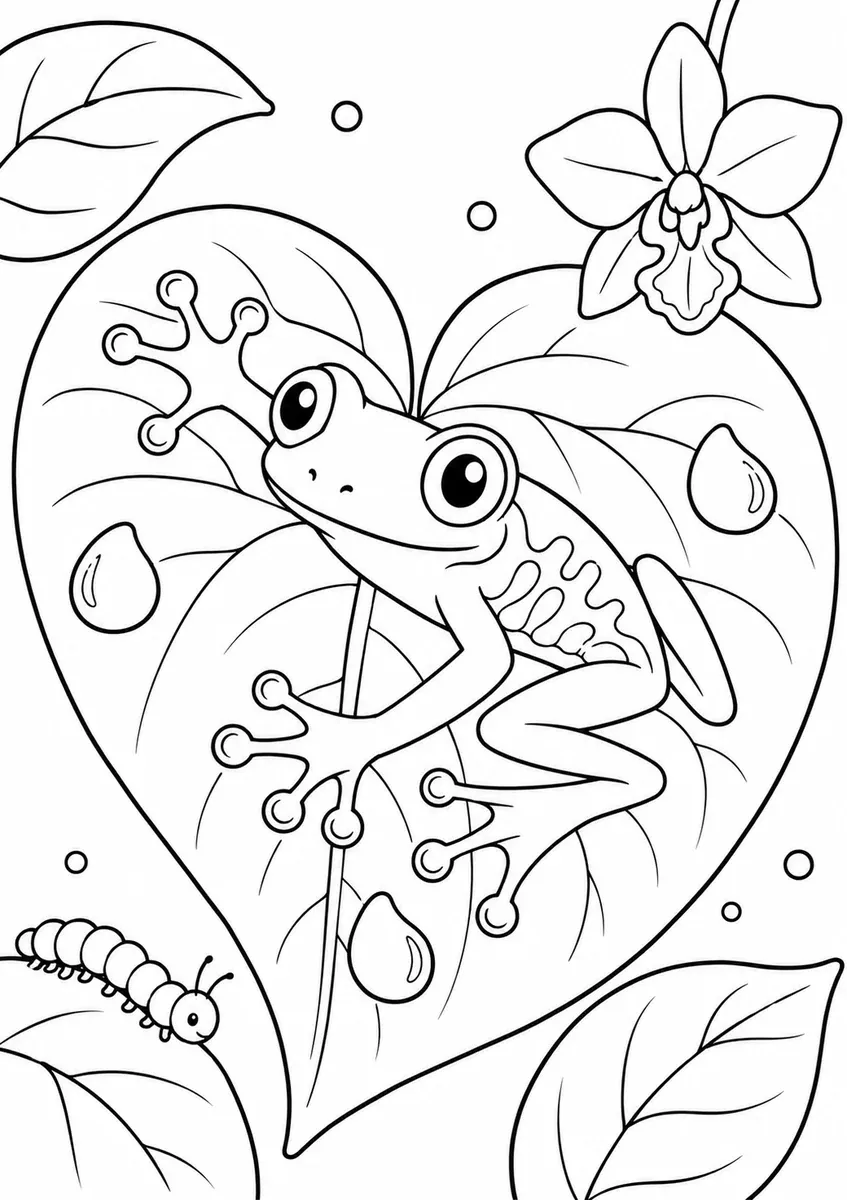 Baumfrosch mit Saugnapf-Zehen klammert sich an ein herzförmiges Tropenblatt mit Regentropfen und Orchidee