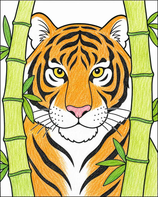 Ausmalbild: Bengaltiger-Kopf zwischen Bambusstämmen