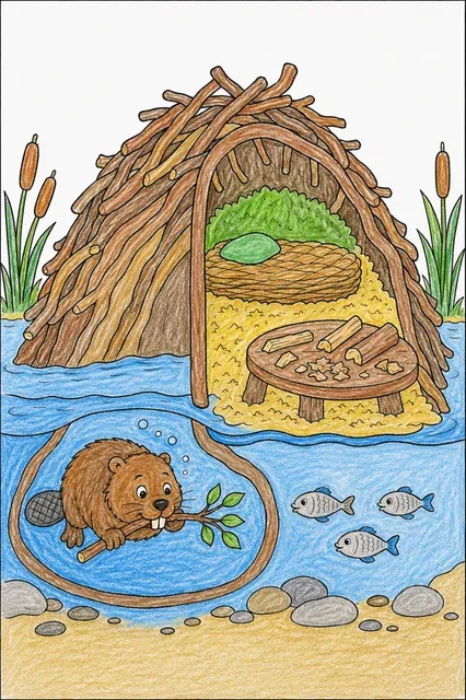 Ausmalbild: Biberbau Querschnitt mit Schlafkammer über Wasser und Unterwassertunnel