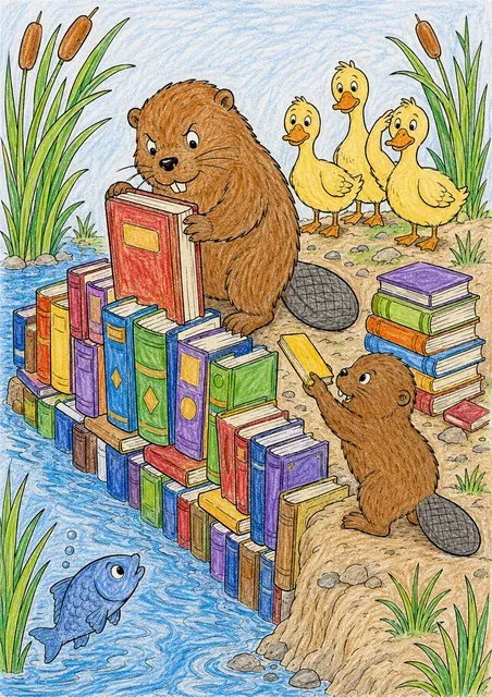海狸用书筑坝的涂色画