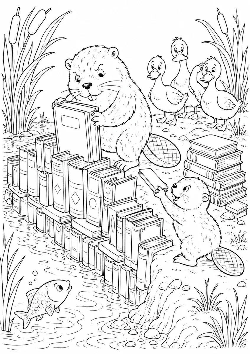 Ausmalbild eines Bibers, der einen Staudamm aus alten Büchern baut
