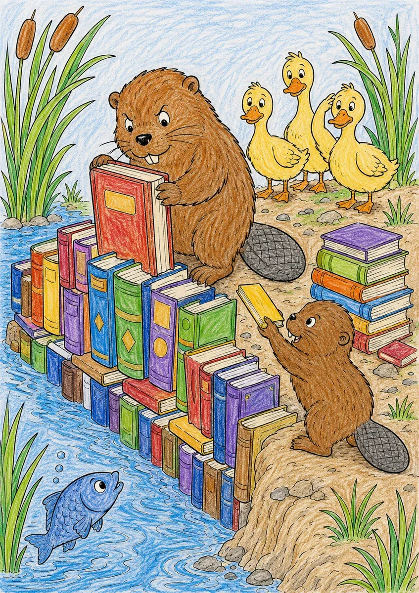 Biber baut Bücherturm-Staudamm