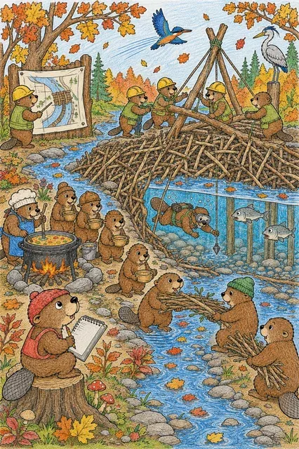 Wimmelbild-Ausmalbild: Viele Biber mit verschiedenen Rollen bauen gemeinsam einen Staudamm im Herbstwald