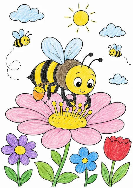 Ausmalbild einer Biene die auf einer Blüte Pollen sammelt