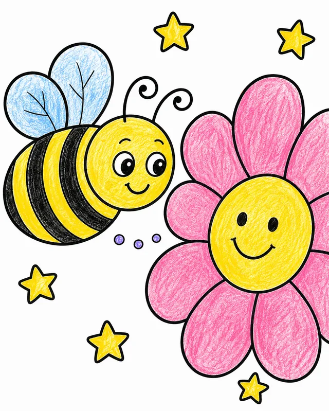 Runde Biene mit drei schwarzen Streifen fliegt zu einer großen Blume