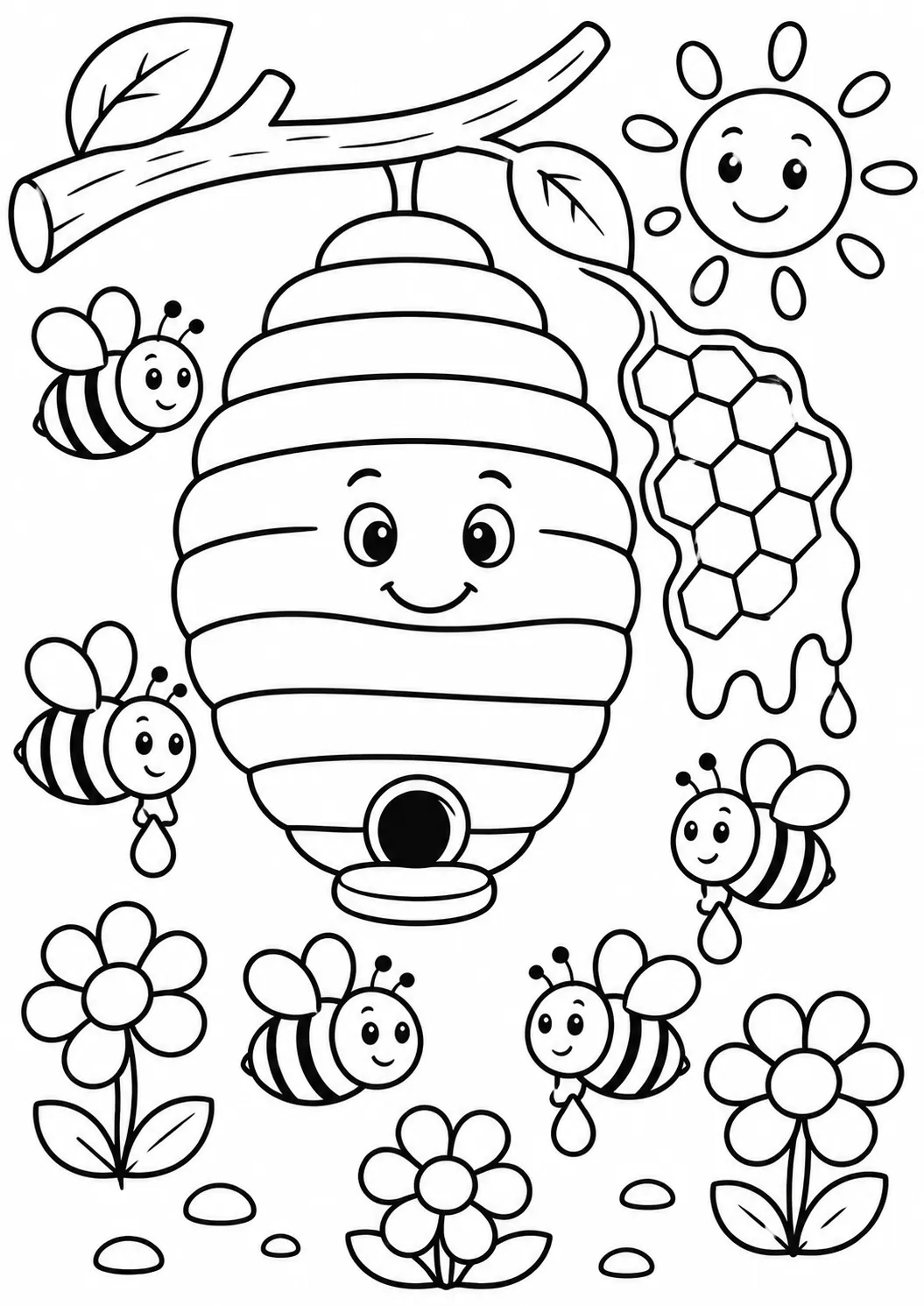 Runder Bienenstock mit fünf fliegenden Bienen