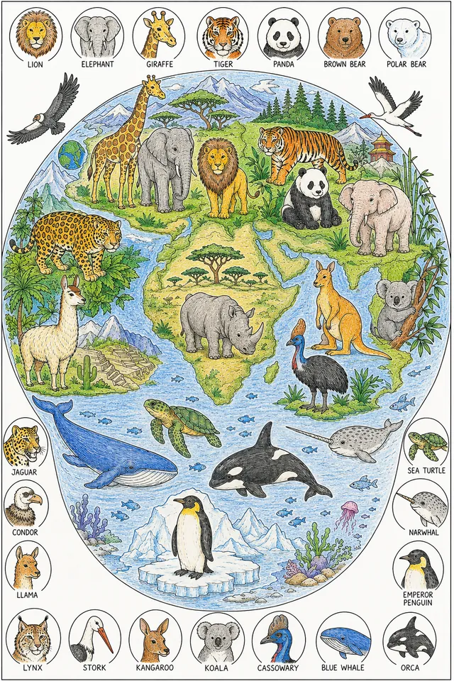 世界生物多样性 — 大型寻找图 – 涂色效果预览