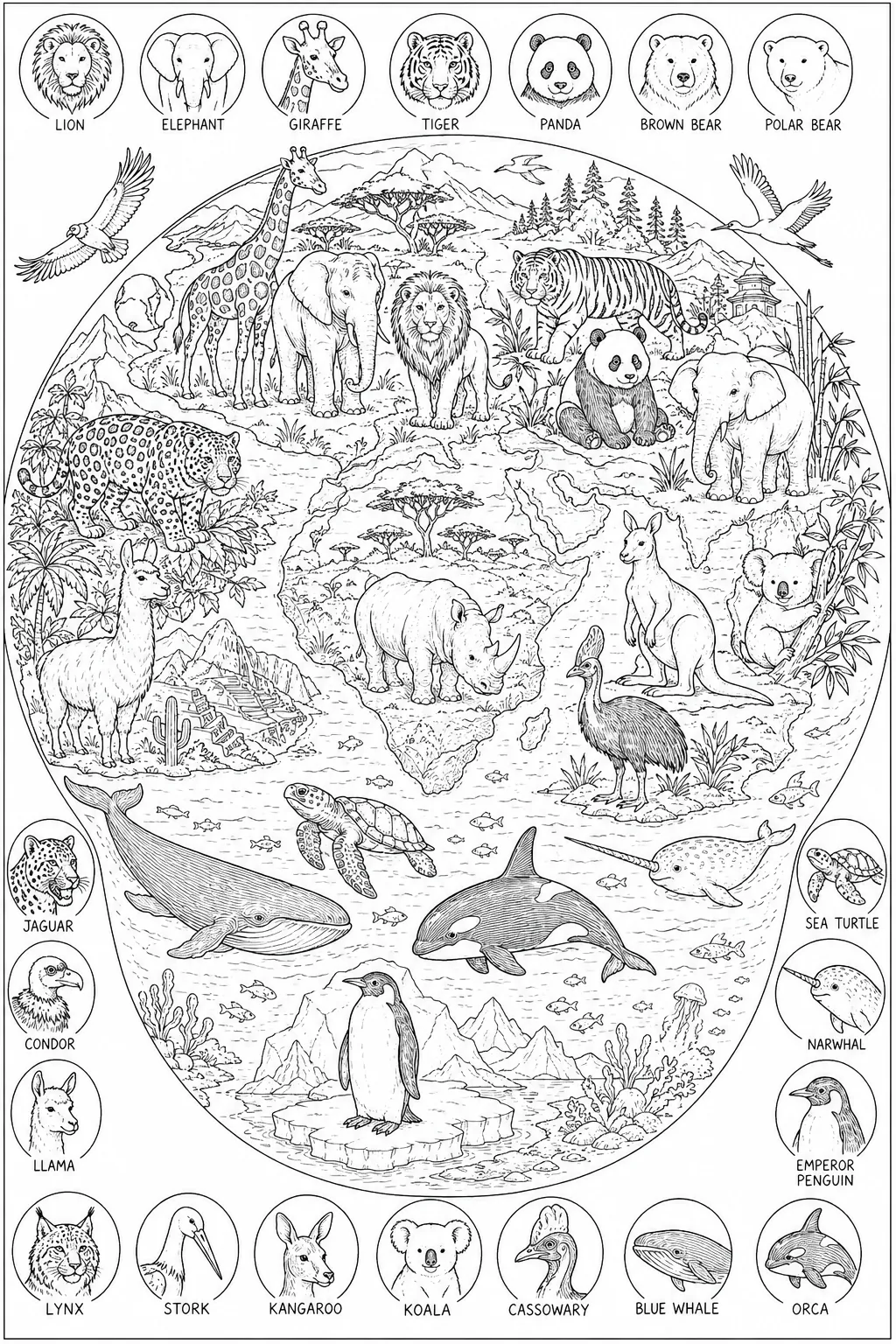 涂色页：所有大洲动物的世界生物多样性寻找图