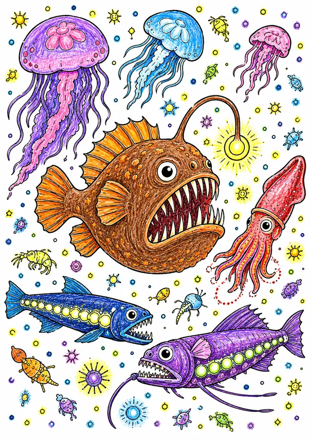 Ausmalbild: Biolumineszierende Tiefseeorganismen in schwarzem Wasser