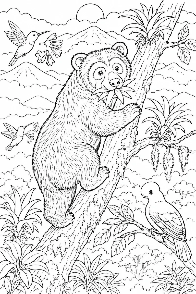 Brillenbär klettert einen Andenbaum hinauf, eine Bromelie im Maul, mit Kolibris im Hintergrund