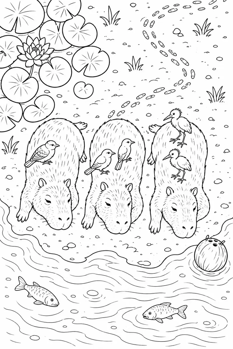 Bird's-eye view of three capybaras in a row with birds on their backs