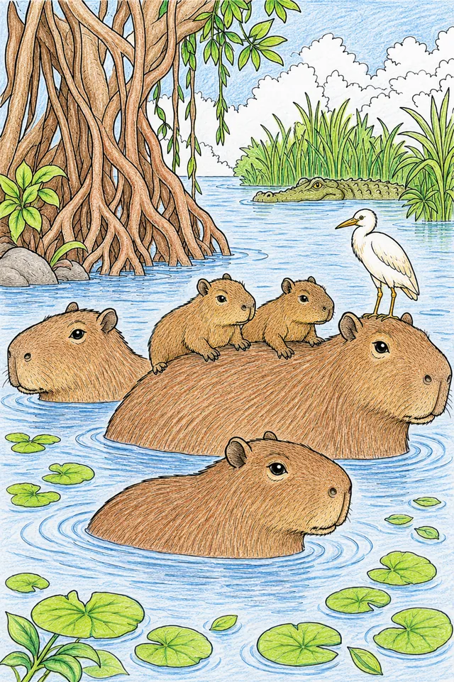 Ausmalbild: Capybara-Familie schwimmt im Fluss mit Jungen auf dem Rücken