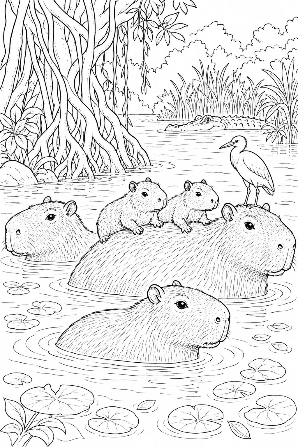 Ausmalbild: Capybara-Familie schwimmt im Fluss mit Jungen auf dem Rücken