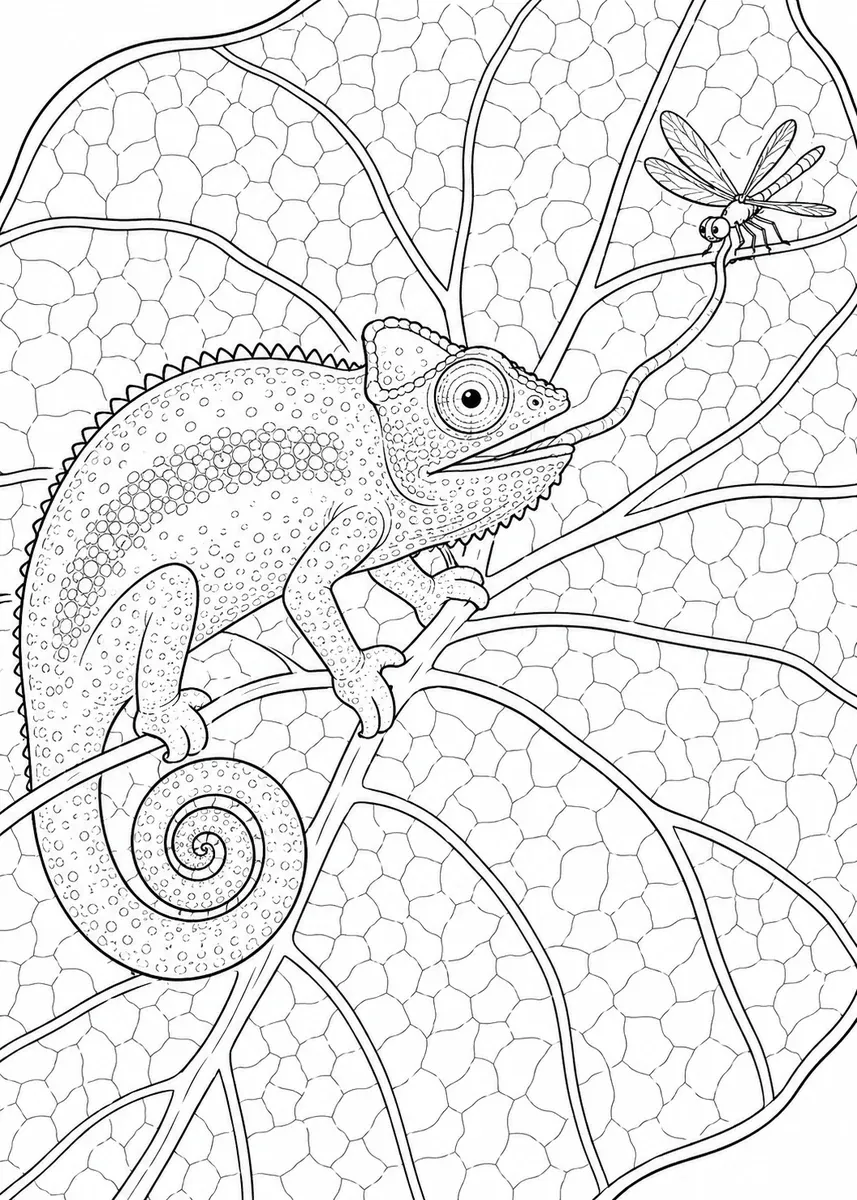 Chamäleon mit Spiralschwanz auf einem Blatt mit ausgeprägtem Adernetz und Libelle