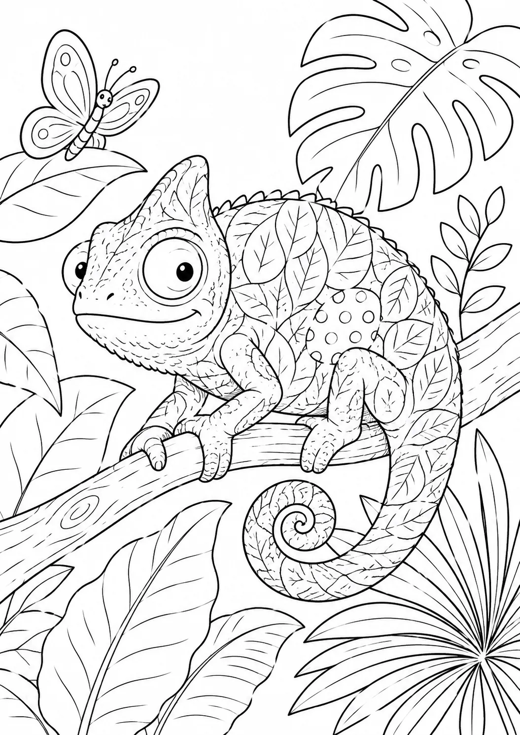 变色龙在彩色植物上伪装的涂色画