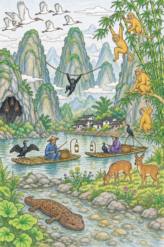 Karstberge Chinas — Wimmelbild der Tierwelt – So könnte es aussehen