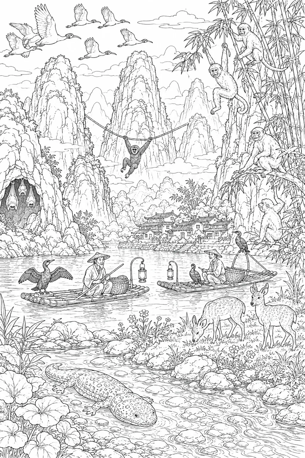 Ausmalbild: Chinesisches Karstberge-Wimmelbild mit Wildtieren